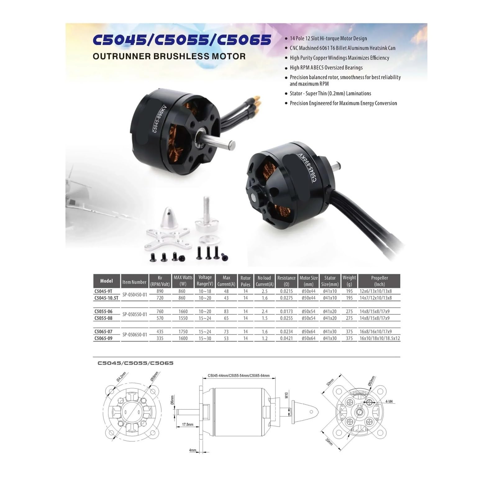 Motore brushless, compatibile con SURPASS HOBBY, aereo RC | Motore outrunner per drone ad ala fissa, racer e quadricottero con corpo in metallo e connettore(C5065 335KV)