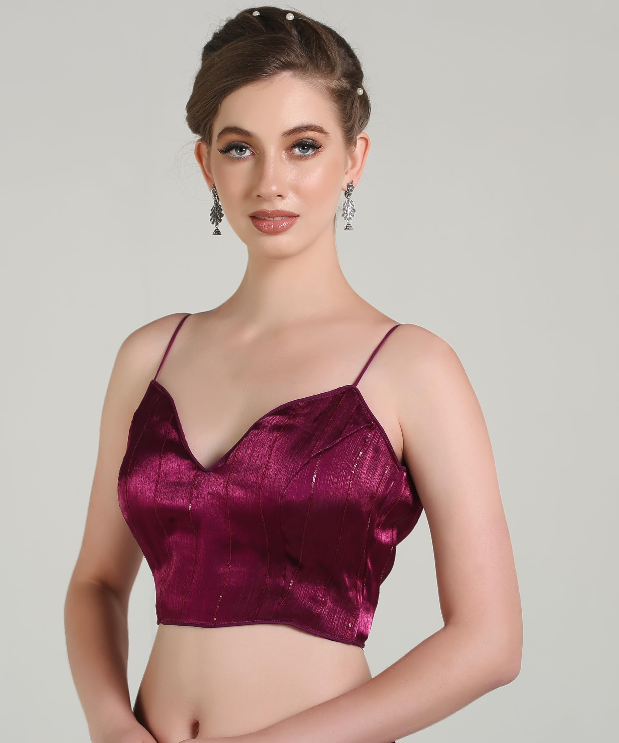 Pujia Mills Woman Blouse Latest Collection Of 2025 Indian Ethnic Wear Spaghetti Wine Color Stylish Readymade Choli Blouse