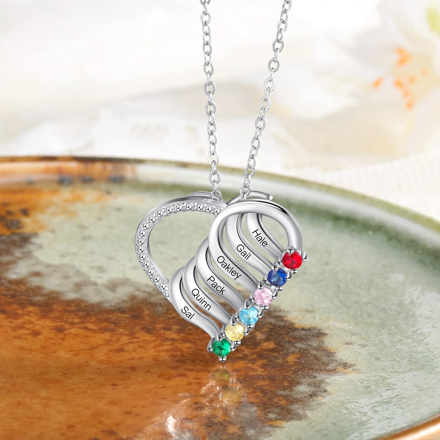Mothers Day Necklace with Birthstones – Personalized Mom Necklace Engraved 2-6 Names, Custom Family Birthstone Jewelry Gift for Women