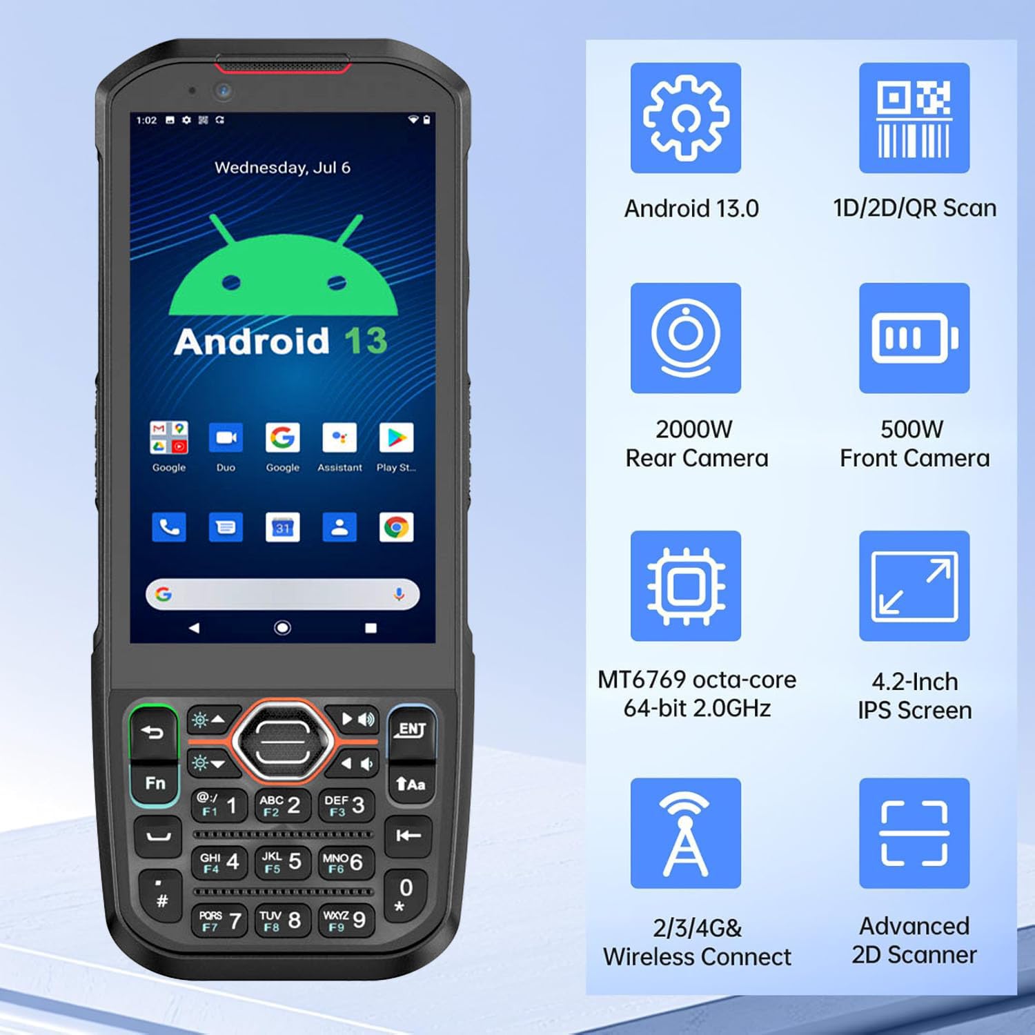 2025 Android13 PDA, skaner kodów kreskowych 6 GB + 64 GB z klawiaturą, wyposażony w skaner kodów QR 1D 2D, obsługa hot-swap, BT, WiFi, 4G LTE, NFC, 8-rdzeniowy procesor do zbierania danych