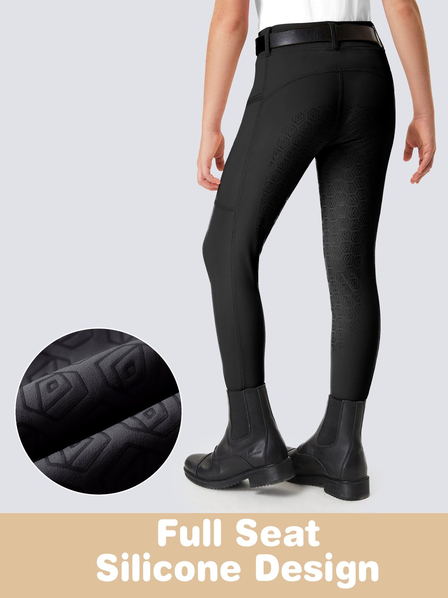FitsT4 Sports Pantaloni da equitazione per ragazze, con sedile completo, pantaloni da equitazione elasticizzati per ragazzi e cavalli, con tasche con cerniera