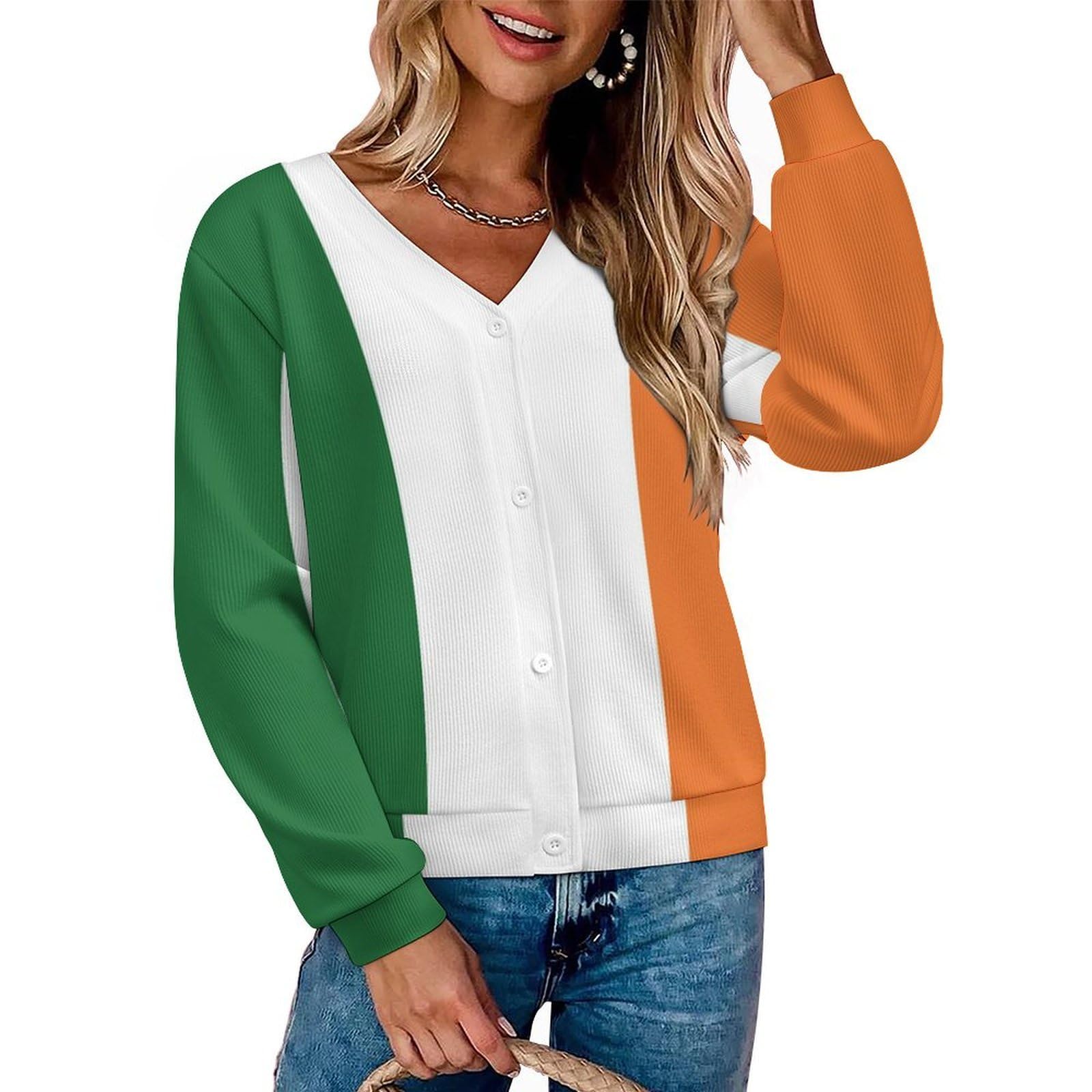 Womens Cardigan Sweaters Irish Flag Casual Long Sleeve Open Front Button Down Jackets Outerwear