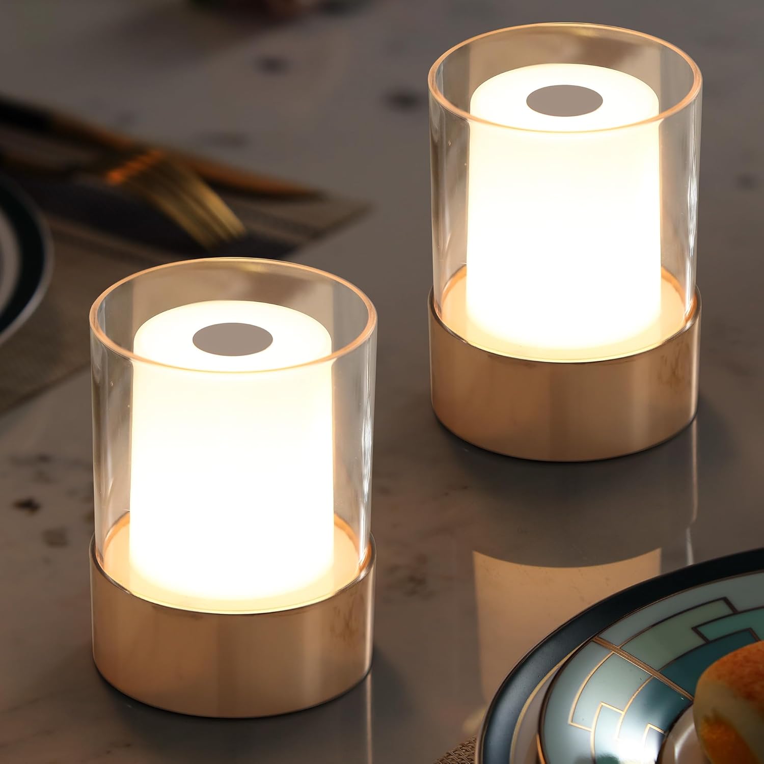 4" Mini Dining Table Light 2 Pack for Buffet Restaurant, Outdoor Waterproof Lamps for Bathroom Camping, Rechargeable Cordless Table Lamp for Bar, Touch Warm Night Light for Nursery Baby (Gold)