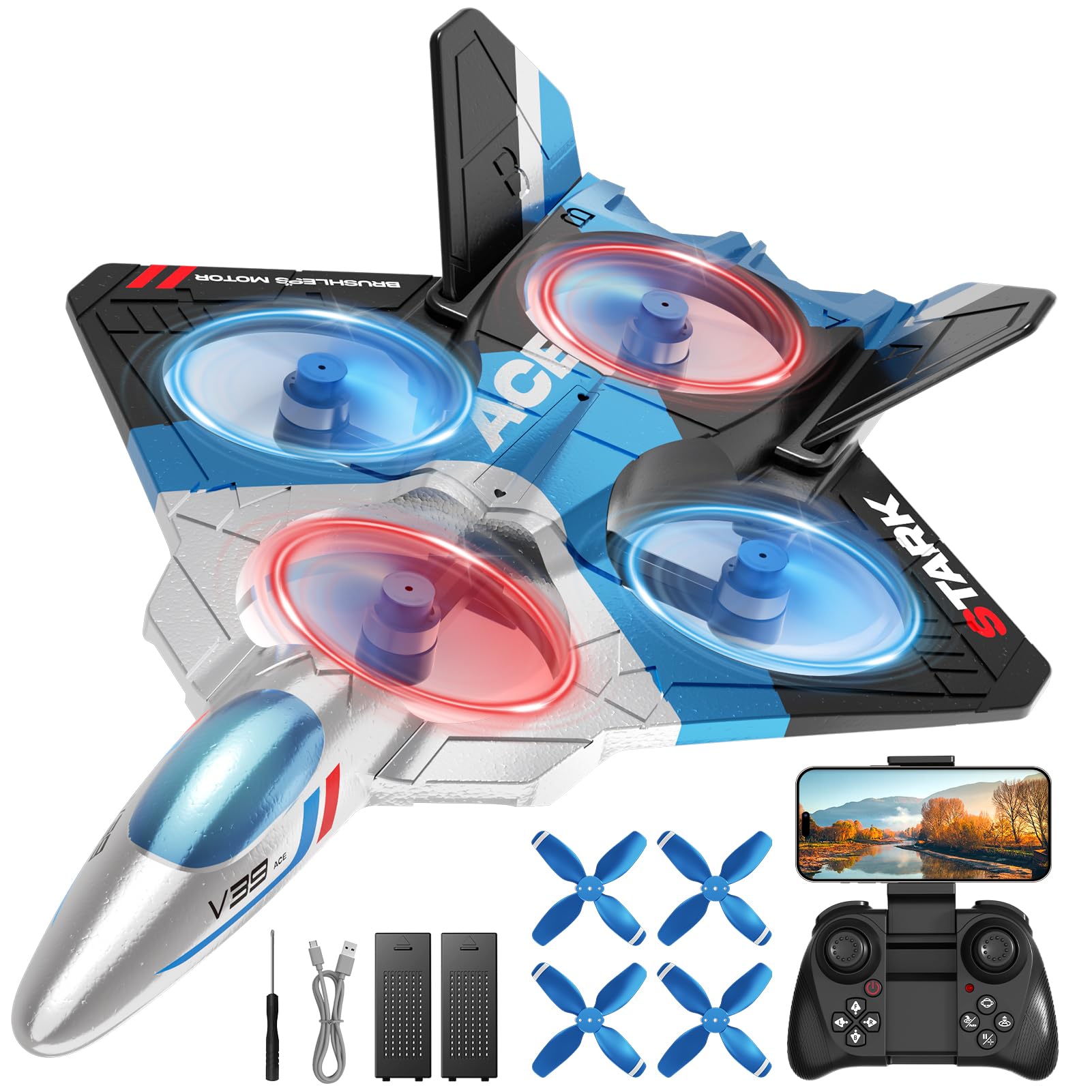 Photo 1 of ****PARTS ONLY **** 4DRC V39 Foam Remote Control Airplanes RC Planes with Camera,RC Airplane Fighter Jet with Light,Gravity Control, Auto-Follow, Trajectory Flight,One Key Take Off, 2 Batteries,Blue