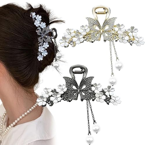 2 pinzas grandes de metal para el cabello, con diseño de mariposa y flores, borlas de flores, pinzas gruesas y largas para el cabello, pasadores,