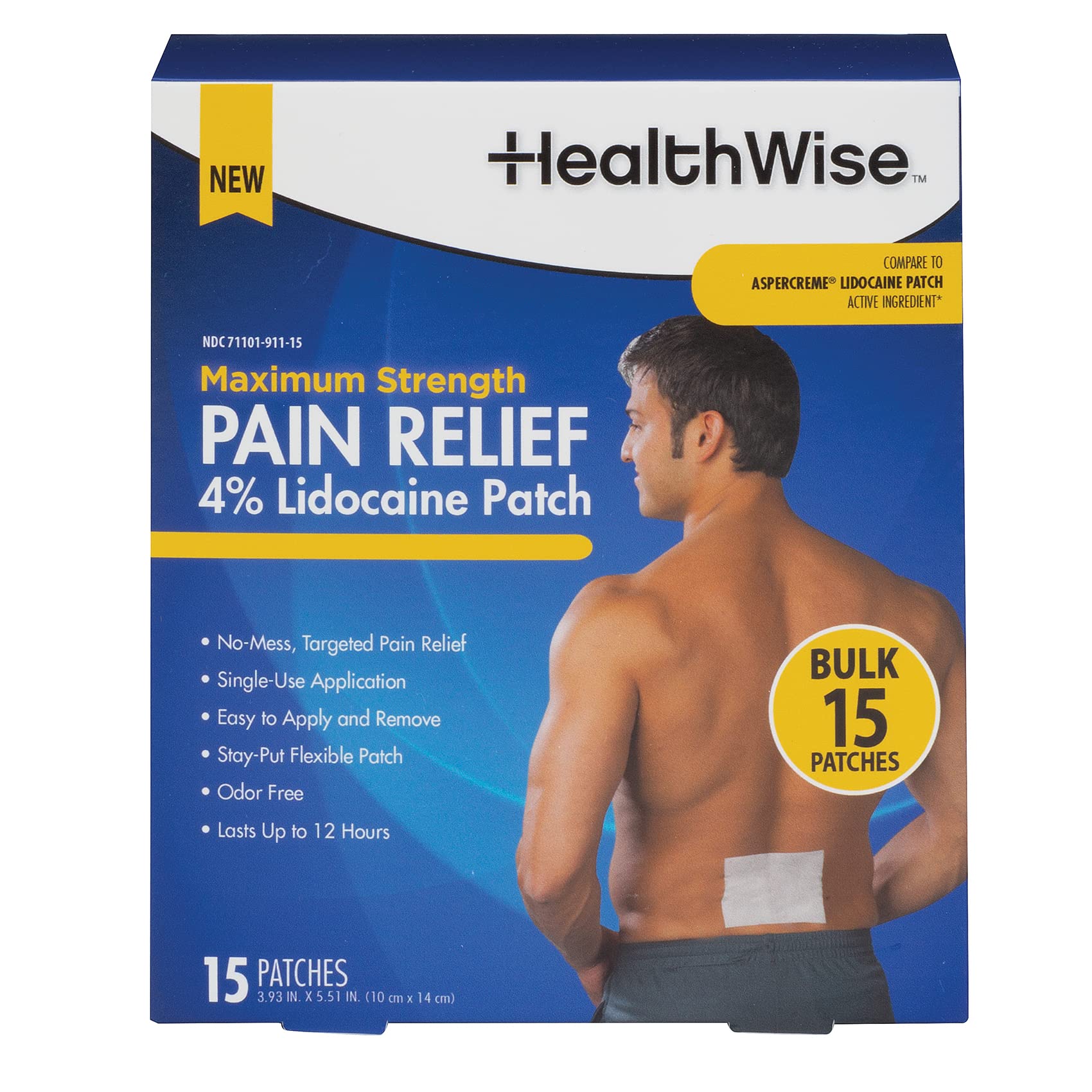HealthWise Maximum Strength Pain Relief 4% Lidocaine Patch, 15 Count,