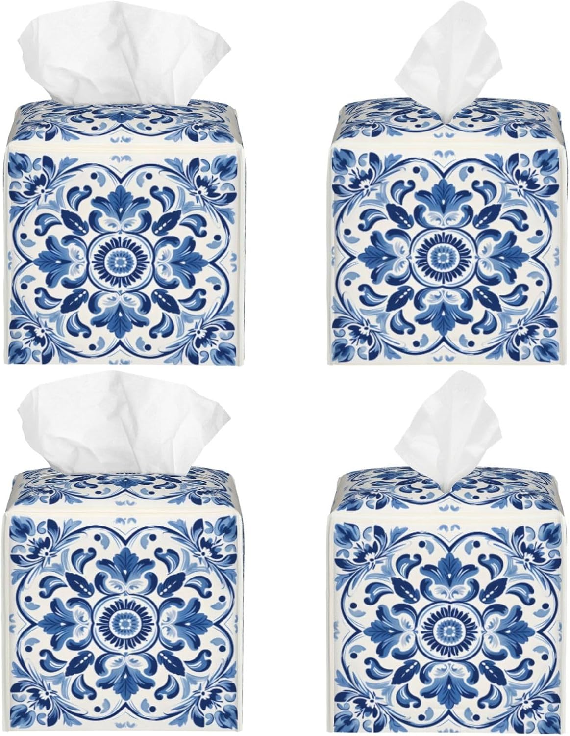 Square Tissue Box Cover Blue Ceramic Ethnic Floral Cube Tissue Hodler Covers Pu Leather Tissue Box Holder for Office Kitchen Car Bathroom Facial Paper Organizer Dispenser Cover image 2
