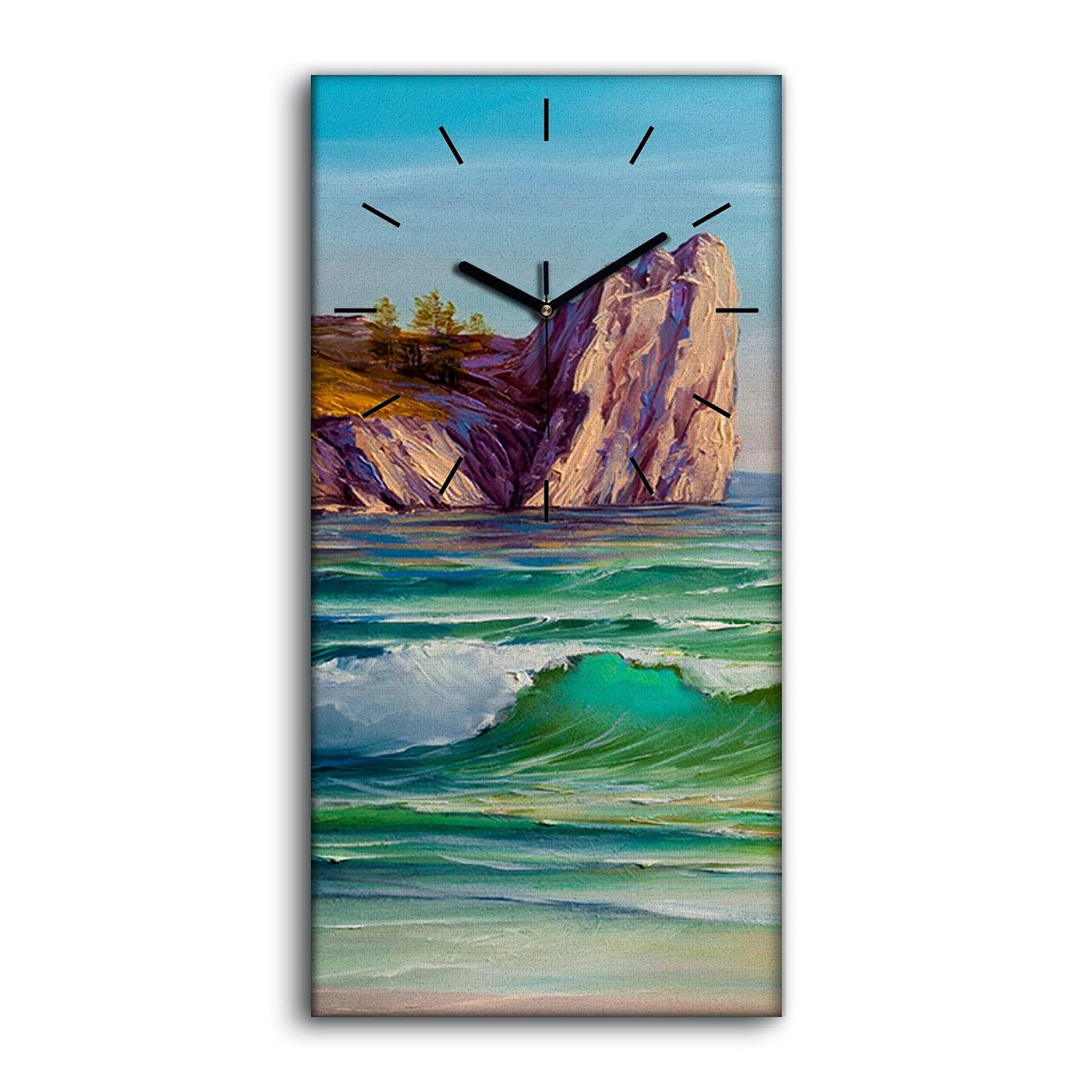 Horloge sur Toile Art Moderne Salon 30x60cm Tableau Mural Vagues de l'Océan Premium