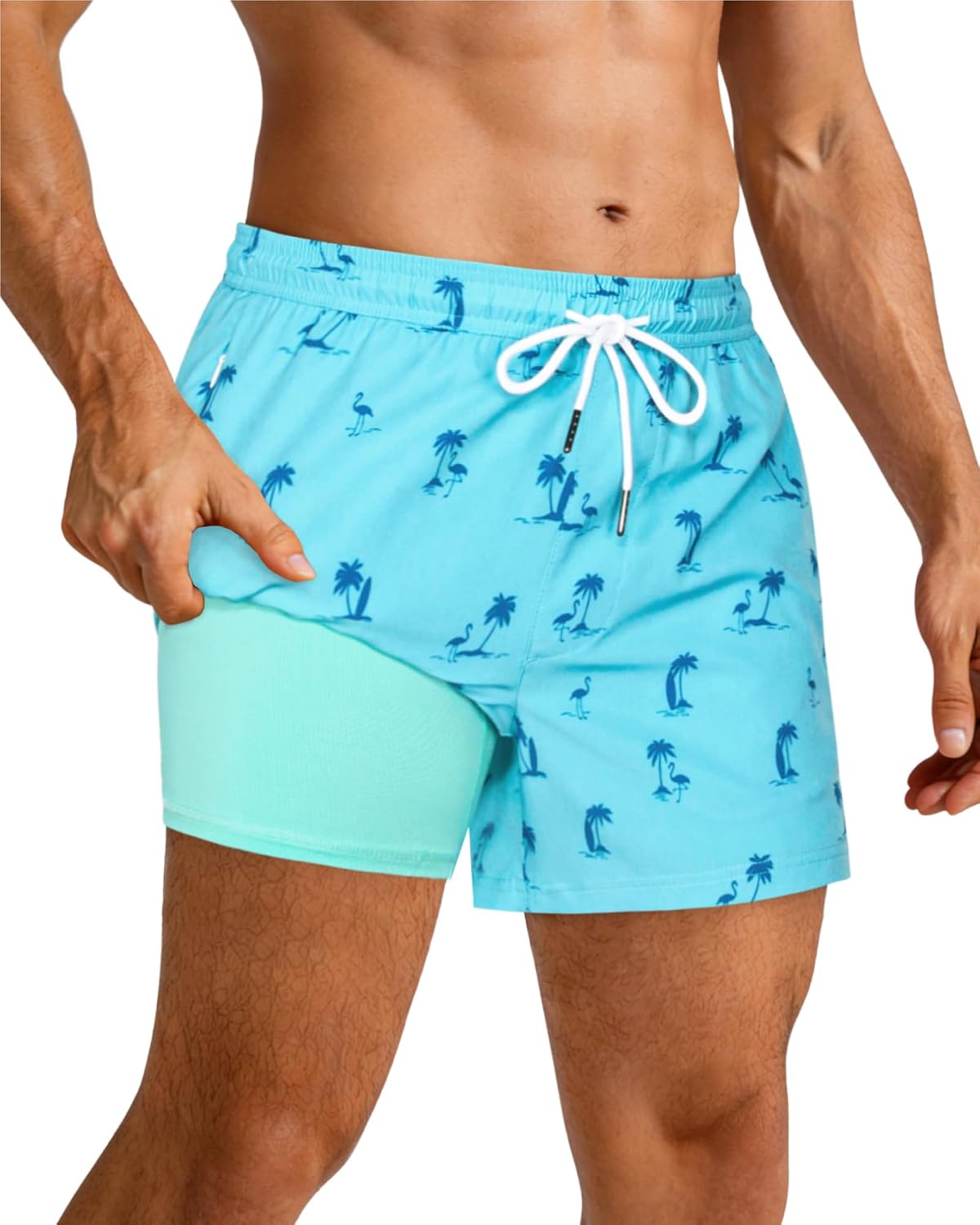 SURF CUZ Mens Swim Trunks with Compression Liner Quick Dry Swim Shorts Swimming Trunks 2 in 1 Bathing Suit Zipper Pockets