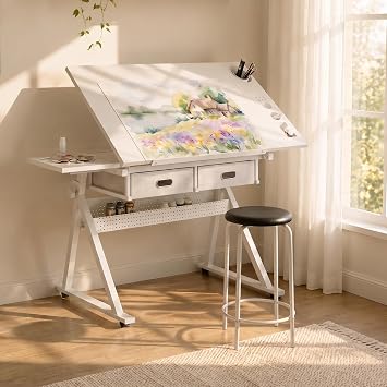 Height Adjustable Drafting Table with Stool, Drawing Art Desk with 2 Drawers, Artist Table with 75 Tilted Tabletop, Sketching Painting Artwork Station for Home Office School Reading, Crafting, White