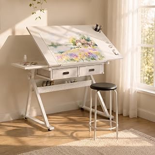 Height Adjustable Drafting Table with Stool, Drawing Art Desk with 2 Drawers, Artist Table with 75° Tilted Tabletop, Sketching Painting Artwork Station for Home Office School Reading, Crafting, White