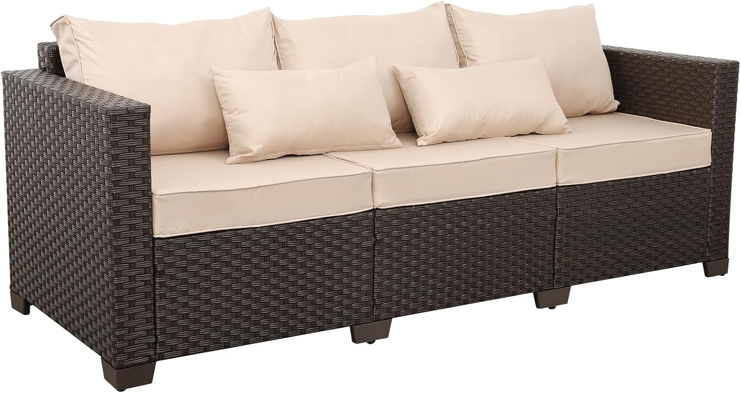 Outdoor Furniture Couch 3 Seater Sofa Outdoor Brown Wicker Sofa Deep Seat High Backrest Patio Couch with Non-Slip Cushions Waterproof Cover, Khaki