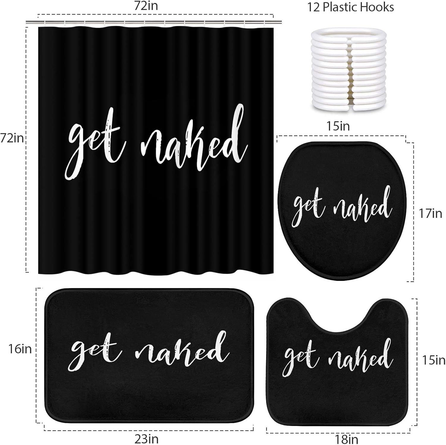 Britimes 4 Piece Shower Curtain Sets with 12 Hooks, Get Naked Black with Non-Slip Rugs, Toilet Lid Cover and Bath Mat for Bathroom Decor Set 72" x 72"