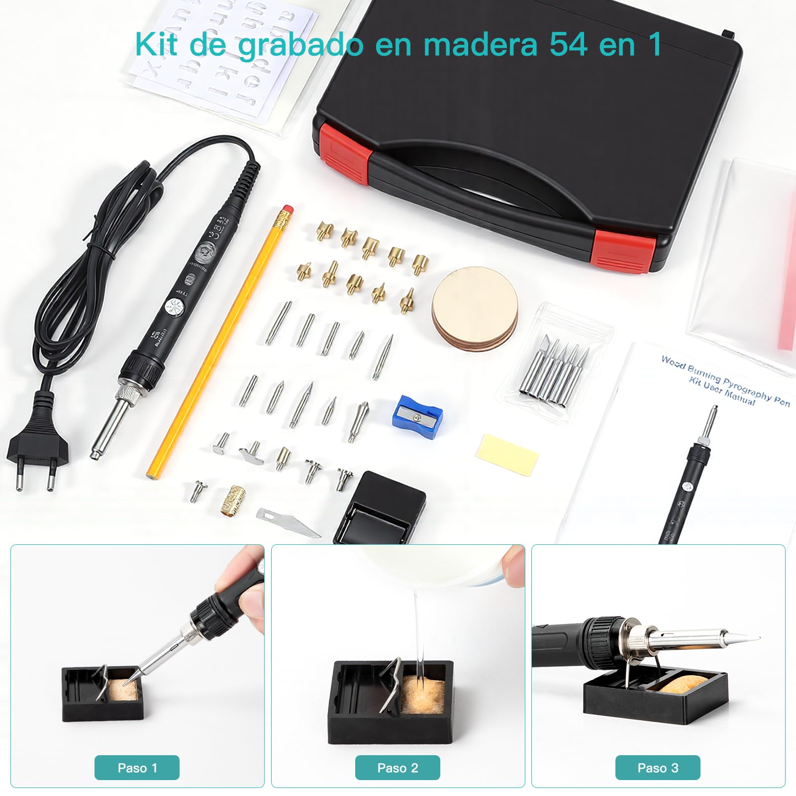 Pirograbador de madera, Set Pirograbador 54-en-1, 60W, Temperatura 220-480°C – para Madera, Cuero, Pirografía – Ideal para principiantes y profesionales