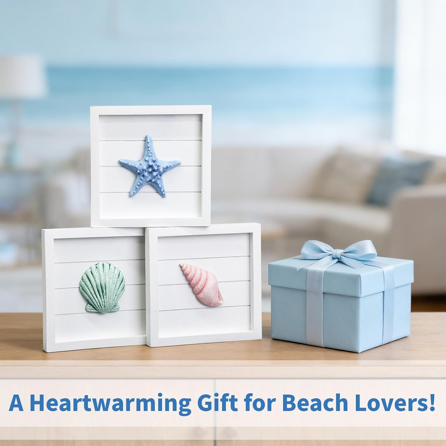 JUMBO DECOR 3D Ocean Beach Themed Wall Decor, Set of 3 (8" x 8") - Seashell and Starfish Decorations for Home or Beach House, Rustic Ocean Theme Coastal Bedroom or Bathroom Living Room Wall Art
