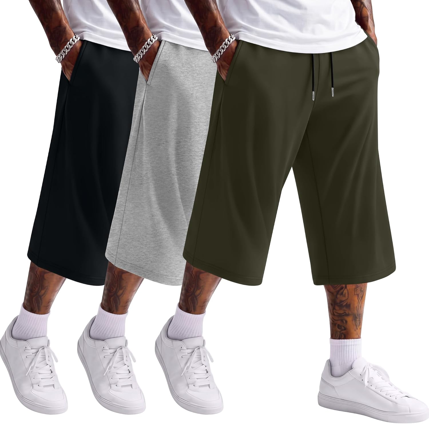 Neer 3 Pack Men's Baggy Capri Pants Plus Size Below Knee Casual 3