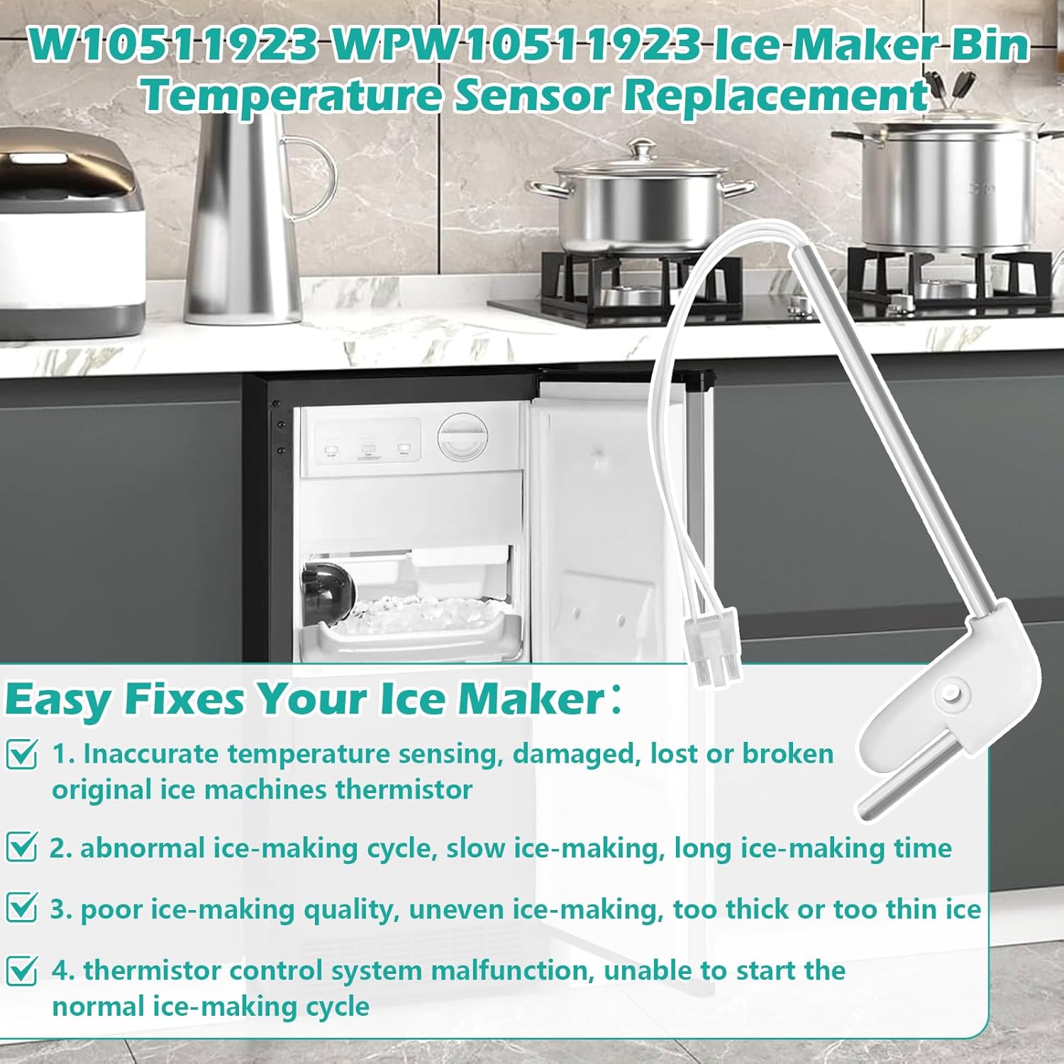 W10511923 Ice Maker Bin Temperature Sensor, Upgraded Thermistor Replacement for Whirlpool, KitchenAid, and Kenmore Refrigerators, Replaces WPW10511923, AP6022509, 3021097, PS11755842