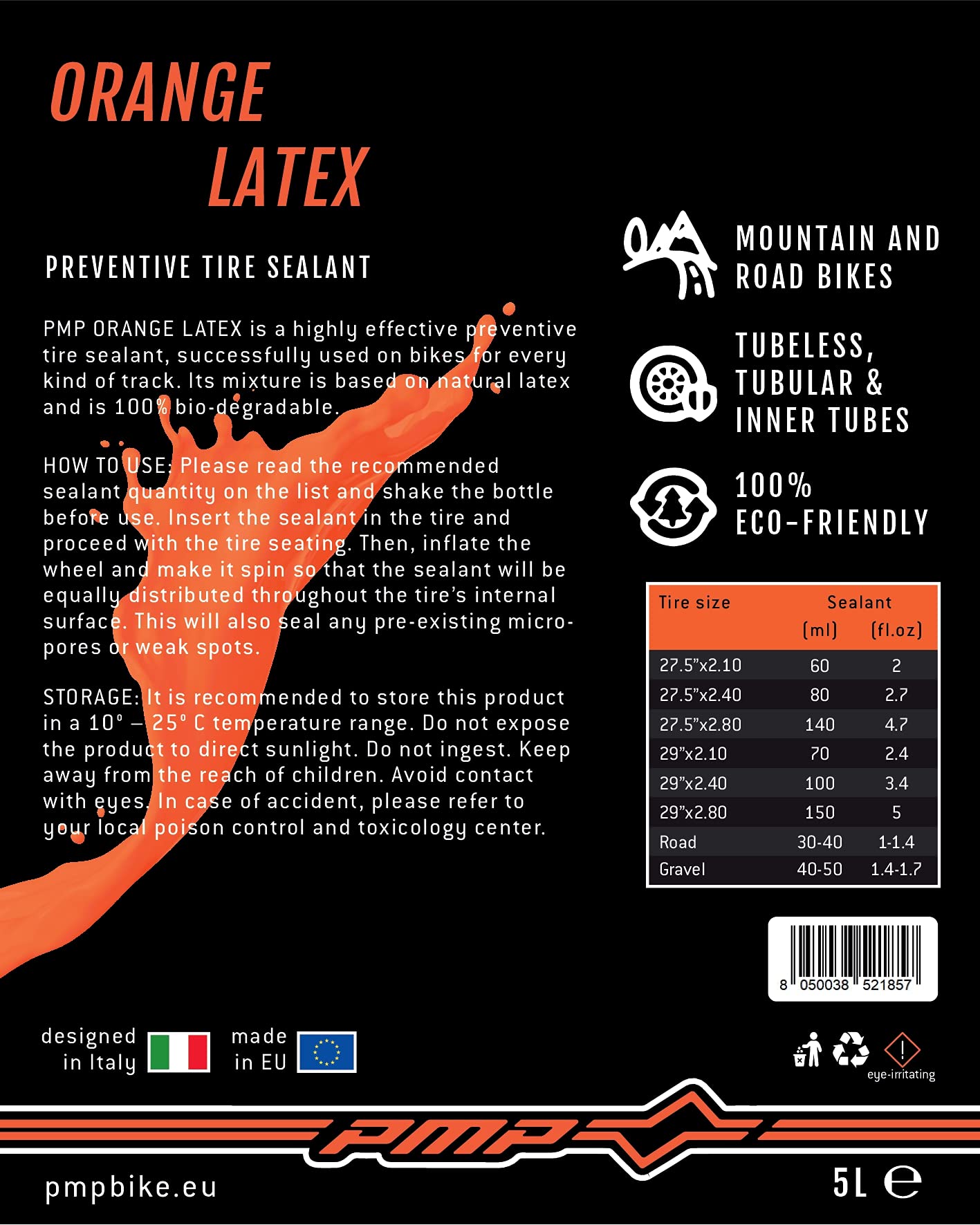 PMP Orange Latex - Líquido Sellante Antipinchazos Tubeless. Ecológico, Concentrado y Inmediatamente Efectivo.