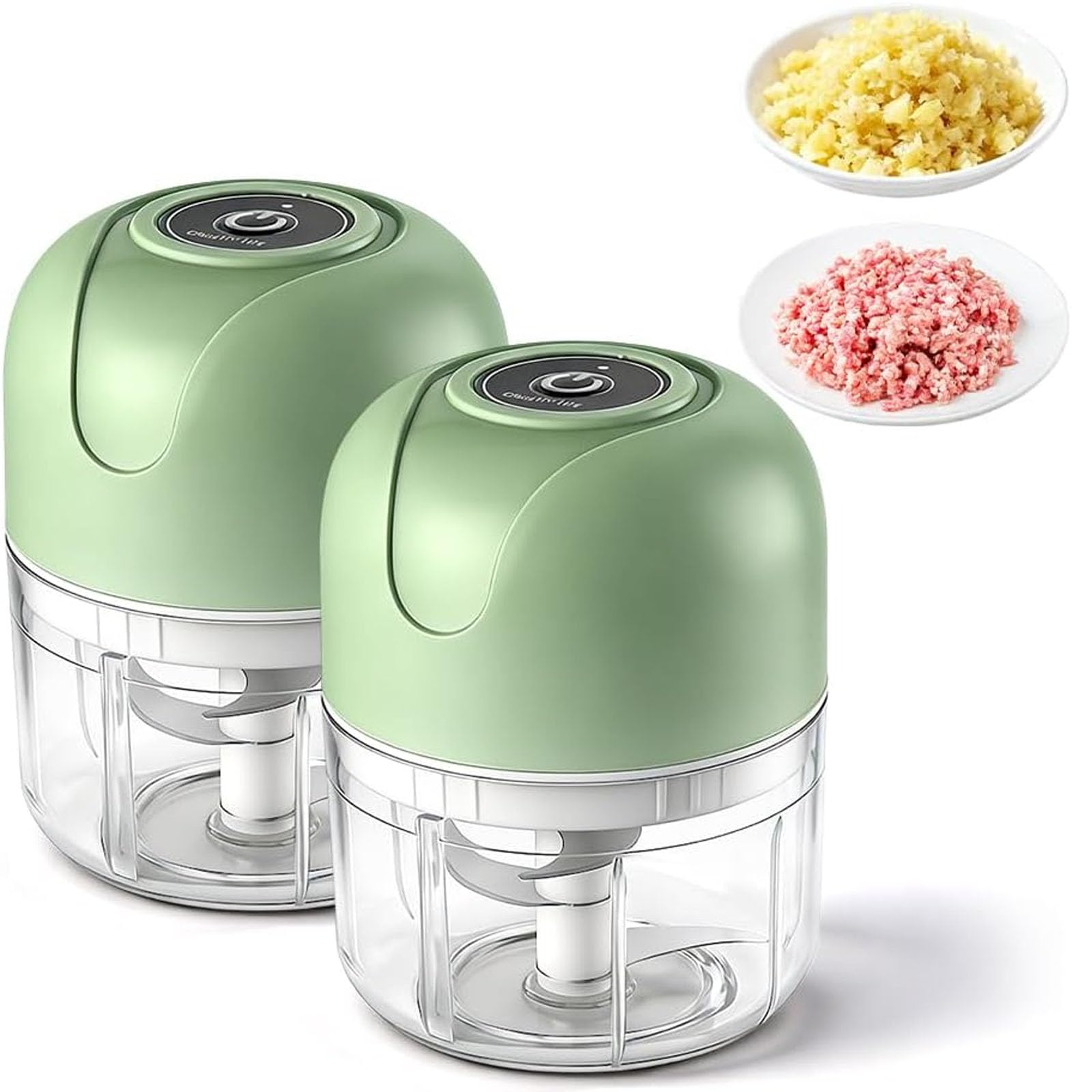 Tritaglio d'Aglio Elettrico, Mini Robot da Cucina Portatile da 250ml | 3 lame affilate, tritatutto per verdure, schiaccia aglio, trita cipolle, ricaricabile, per zenzero, peperoncino(2PCS-Green)