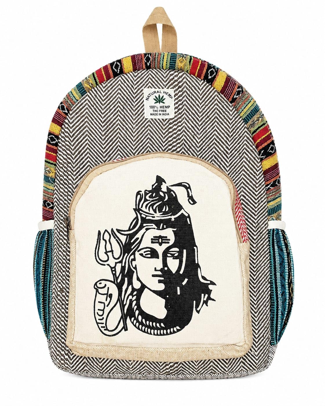 LAXORA Presents Handicrafted Hemp Fabric Backpack with Lord Shiva Print | ethnic handmade daypack | travel & causal | Multicolour Stripe Weave |-picture-42