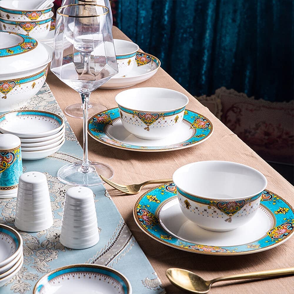 56-częściowy zestaw porcelanowych naczyń obiadowych dla 10 osób, europejski styl kreatywny zestaw talerzy głównych i misek, prezent ślubny na parapetówkę