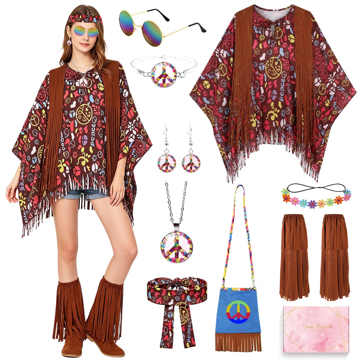 Disfraz Hippie De 9 Piezas Para Mujer – Capa, Diademas, Gafas, Collar, Pendientes, Bolso Y Calentadores – Ideal Para Fiestas De Los 70 Y Carnaval