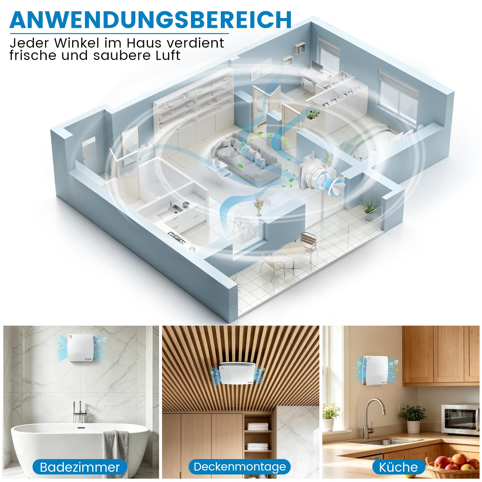 XIIW Badlüfter 100mm mit Feuchtigkeitssensor Abluftventilator einstellbarer Nachlaufzeit, mit Timing Wandventilator Silent, mit Rückstauklappe 95m³/h, 12 Watt / 34dB für Bad, WC, Küche
