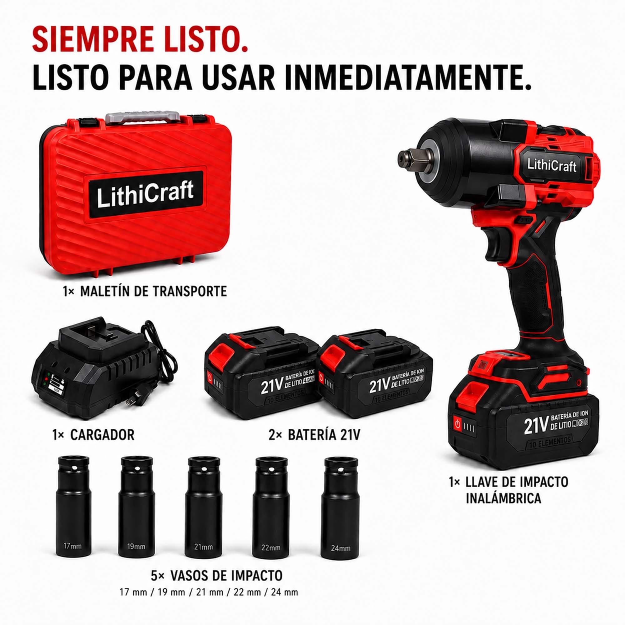 Llave de Impacto Inalámbrica 1/2 Pulgada, 1200 Nm Brushless, 2 Baterías 4,0Ah, Cargador Rápido, 5 Vasos 17/19/21/22/24 mm, para Cambio de Ruedas, Coche y Bricolaje