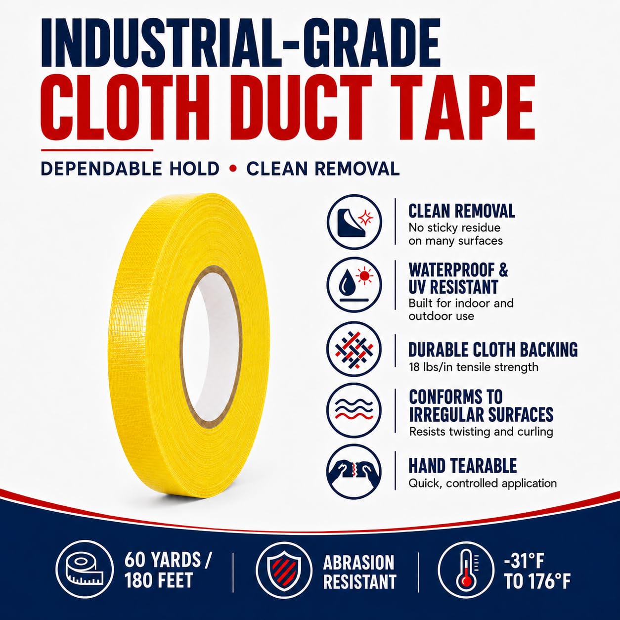 Cinta adhesiva T.R.U. CDT-36 de grado industrial. Resistente al agua y a los rayos UV. Varios colores disponibles. 60 yardas. (amarillo, 4 pulgadas).