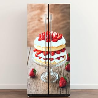 Self Adhesive Vinyl Refrigerator Wrap Strawberry Cream Sponge Cake Door Mural Sticker Peel and Stick Removable Door Cover Fridge Wrap Decal for Kitchen Decor
