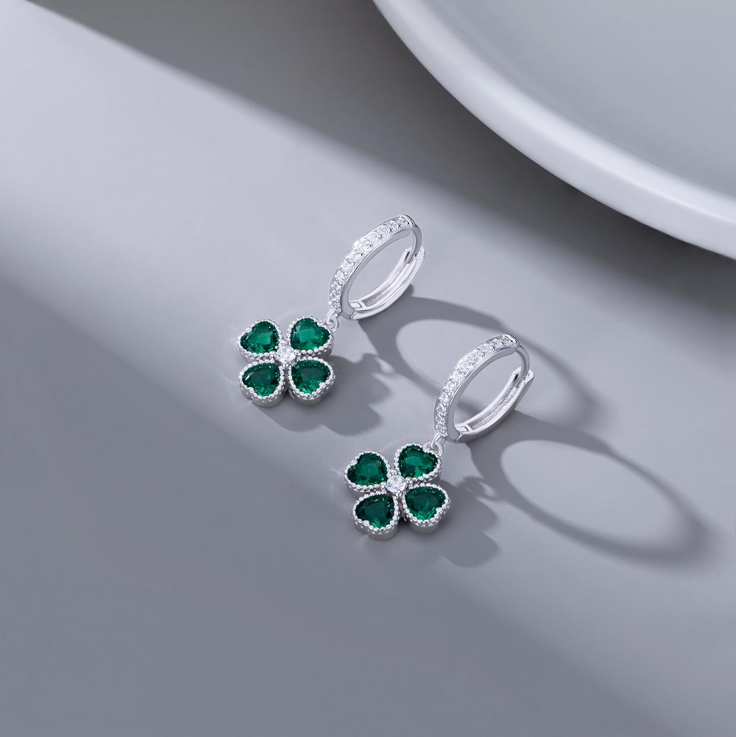 SLUYNZ Solid 925 Sterling Silver CZ Green Clover Earrings Hoop for Women Teens Love Four Leaf Clover Hoop Earrings for St. Patrick's Day