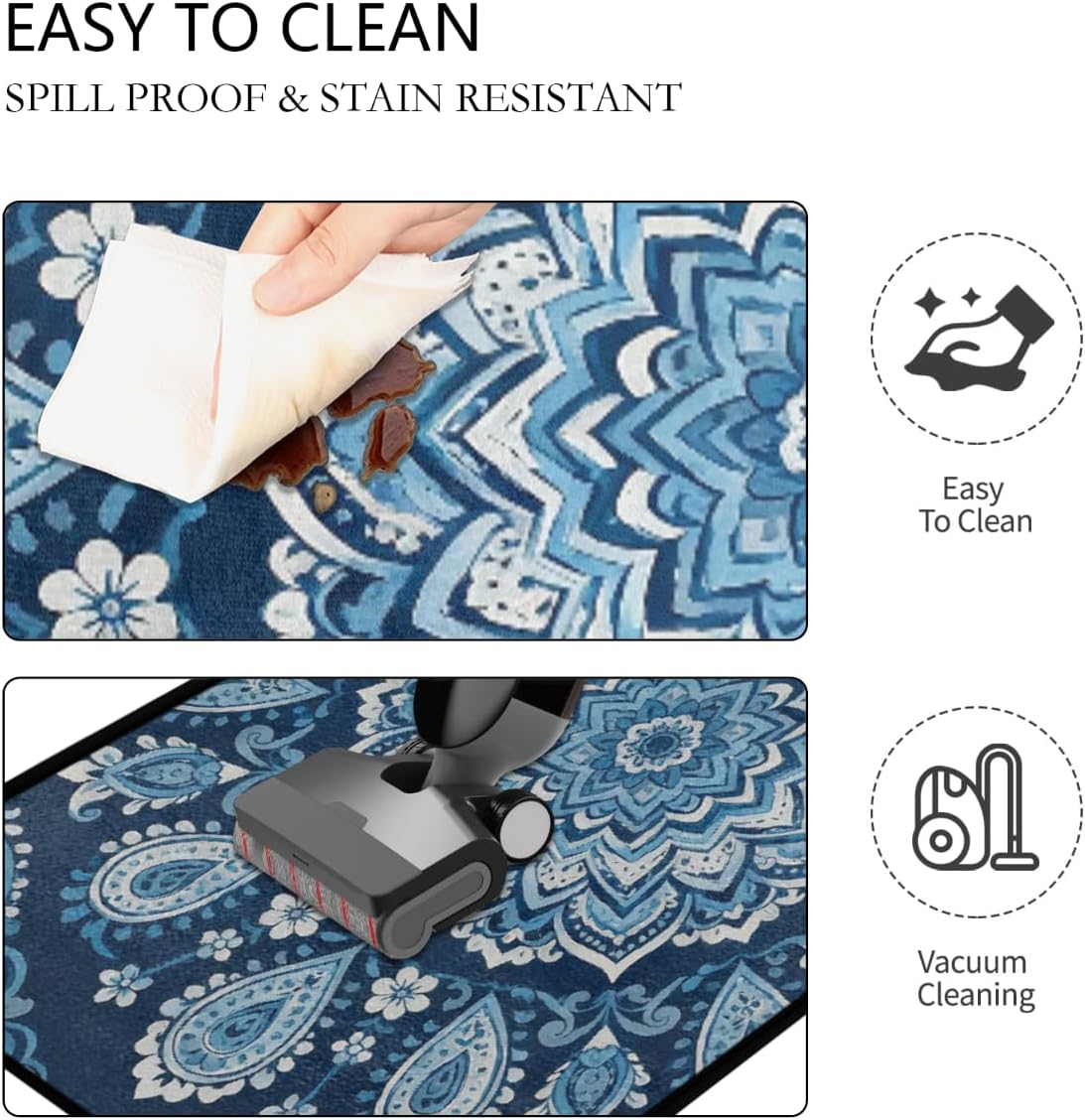 Anti Fatigue Navy Paisley Pattern Kitchen Mats for Floor 2 Piece Set, Waterproof Non Slip Boho Kitchen Floor Rugs, Comfort Standing Mat for Sink Laundry & Home Kitchen 17"x47"+17"x29"
