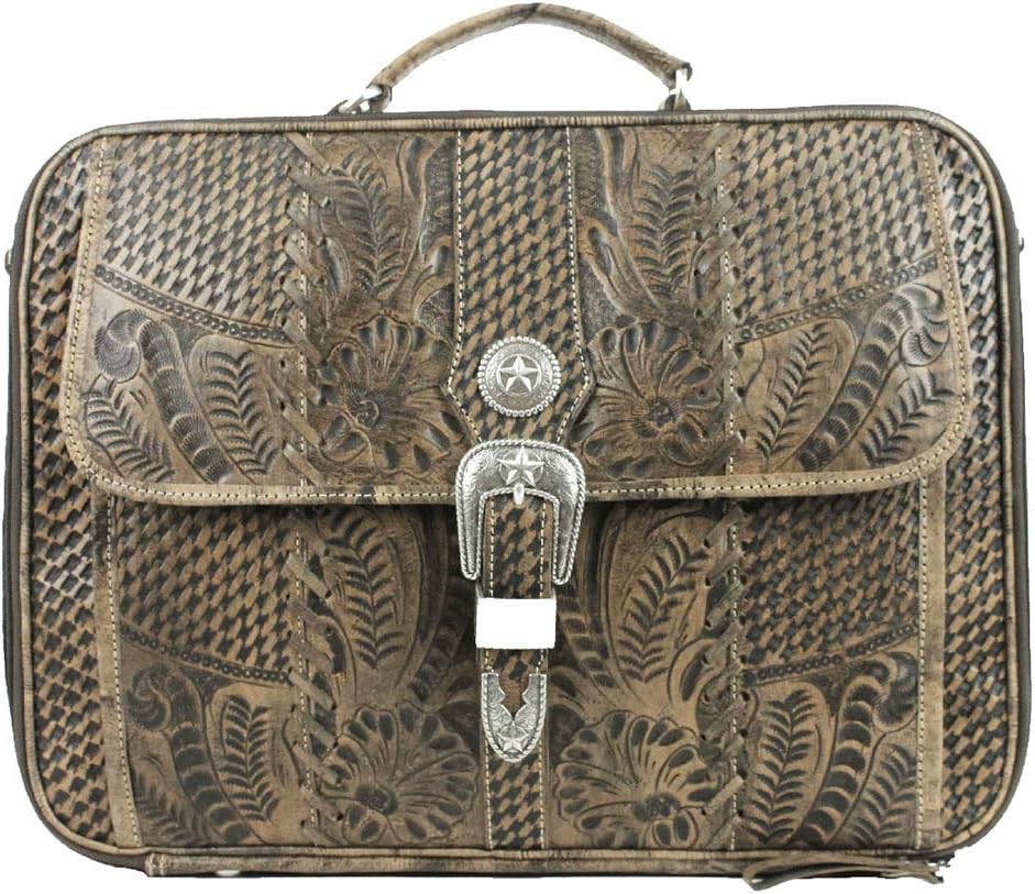 American West Hand Tooled Handcrafted 100% Genuine Leather Laptop Briefcase for Men and Women Travel Collection Western