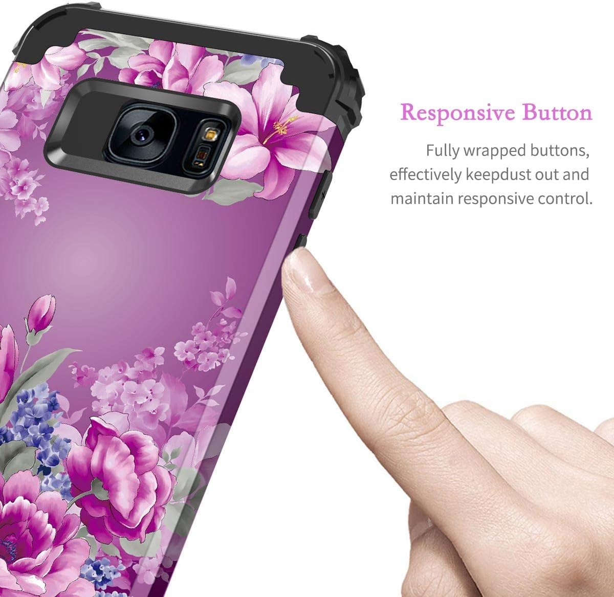 LONTECT Compatible Galaxy S7 Case Floral 3 in 1 Heavy Duty Hybrid Sturdy High Impact Shockproof Protective Cover Case for Samsung Galaxy S7, Black/Purple Flower