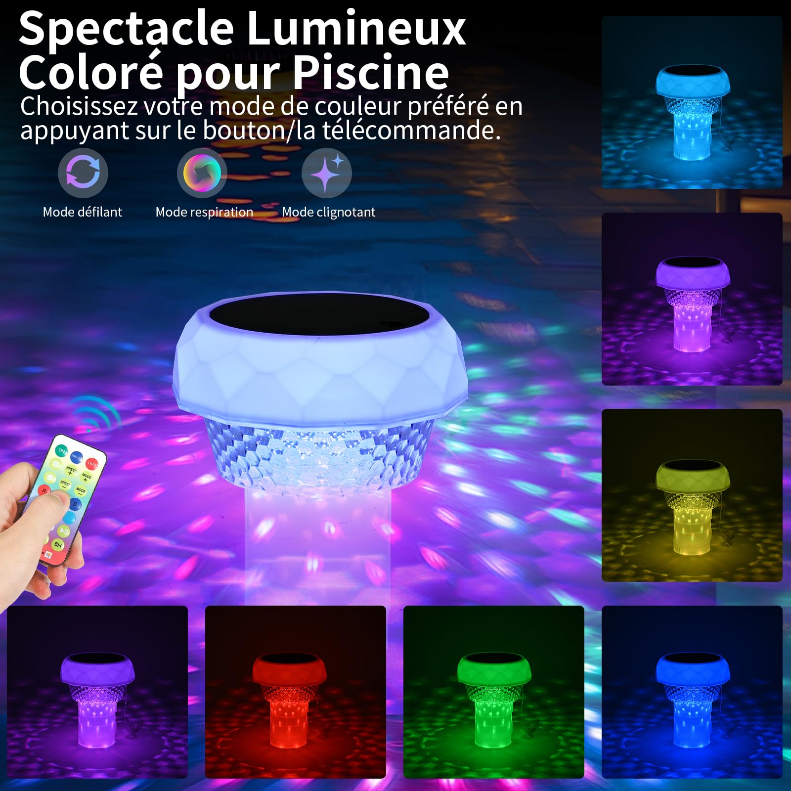 Lampe Solaire Piscine Flottante Diffuseur Chlore Piscine avec Lumière Solaire LED Distributeur de Chlore Flottant avec télécommande Libération Réglable & Ouverture Facile Doseur Flotteur Solaire