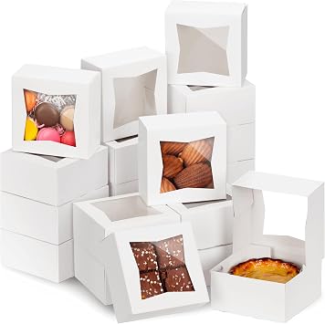 Fit Meal Prep 25 Pack Bakery Boxes with Window 6x6x3 Auto-Popup Cookie Box Cardboard Packaging for Cupcakes, Cakes and Pastry, Treat Box Charcuterie Box for Valentines Day, Christmas, White