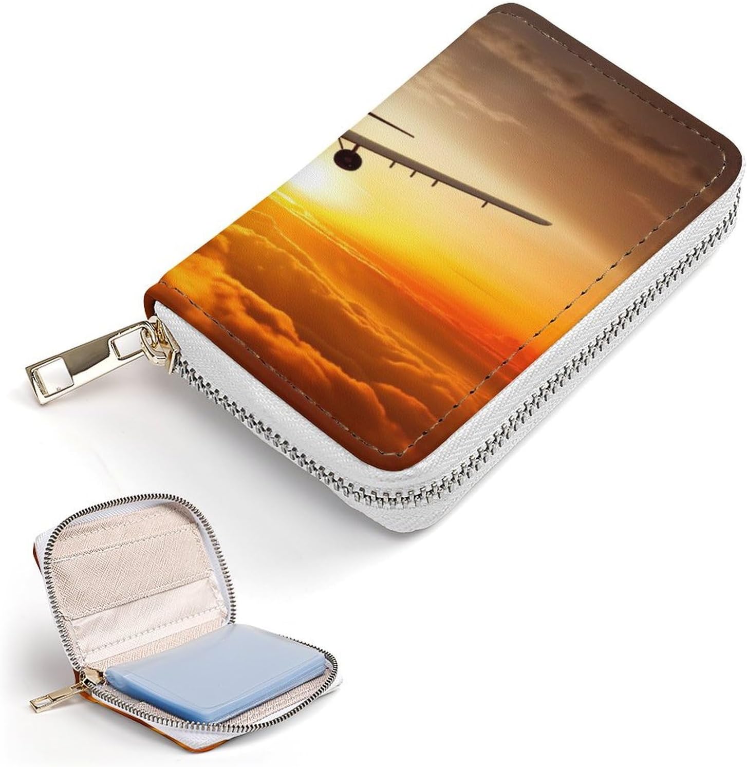 Leather Card Organizer Case Card Wallet Credit Card Holder Aircraft Plane at Sunset Printed Zipper Card Cases Holder for Women Men