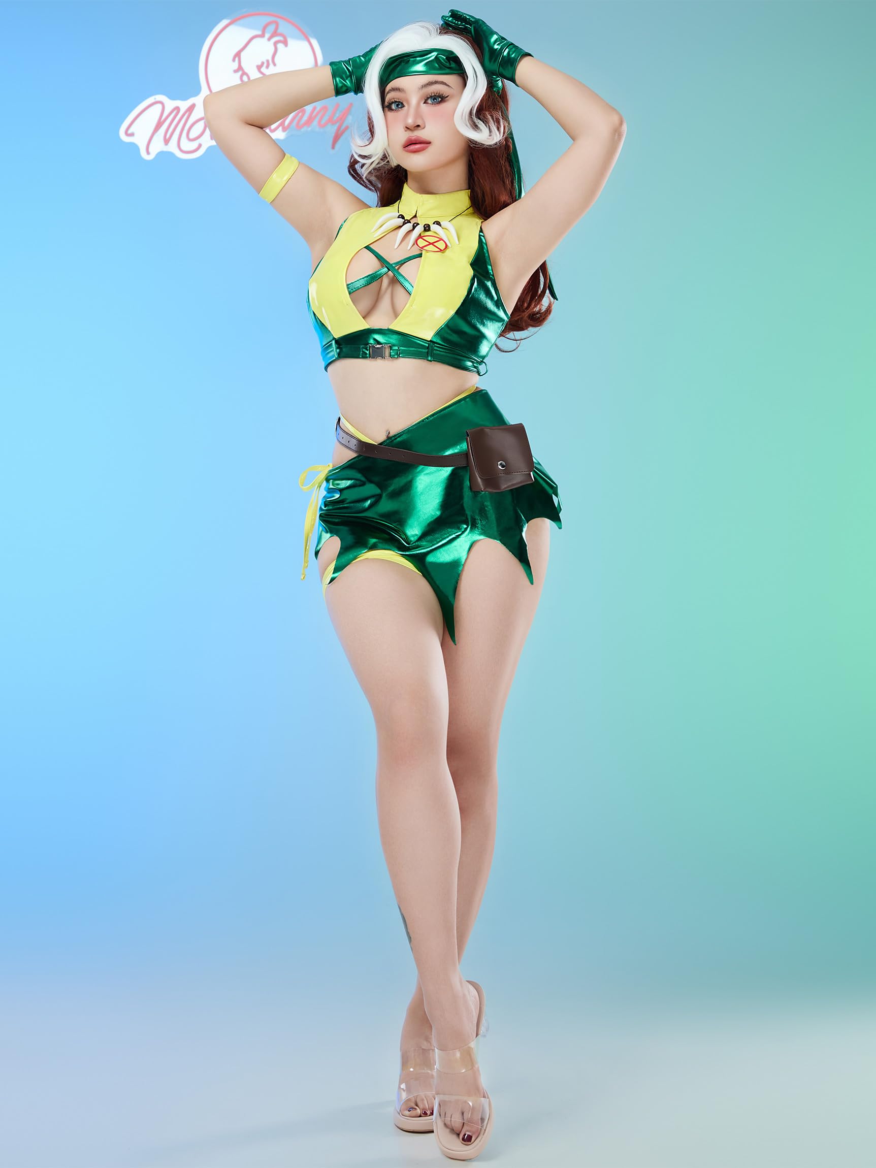 Mobbunny Movie Derivative Cosplay Costume Women Sexy Lingerie Set Cutout Top and Skirt with Headband Gloves Halloween: Large Green