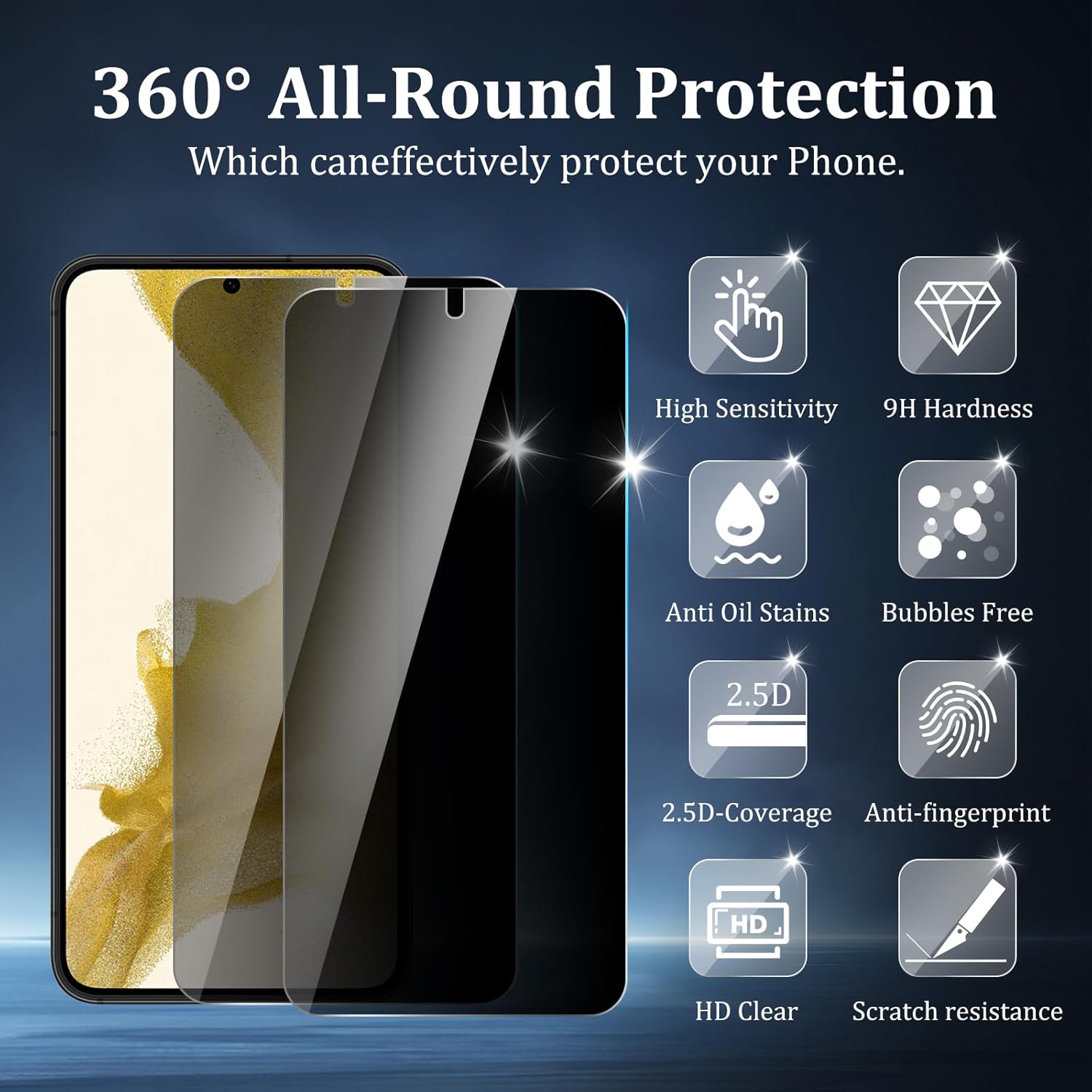 [4 pack 2pack privacy screen protector compatible for samsung galaxy s22 with 2pack camera lens protector, 9h hardness, anti-spy, easy installation galaxy s22 2+2pcs