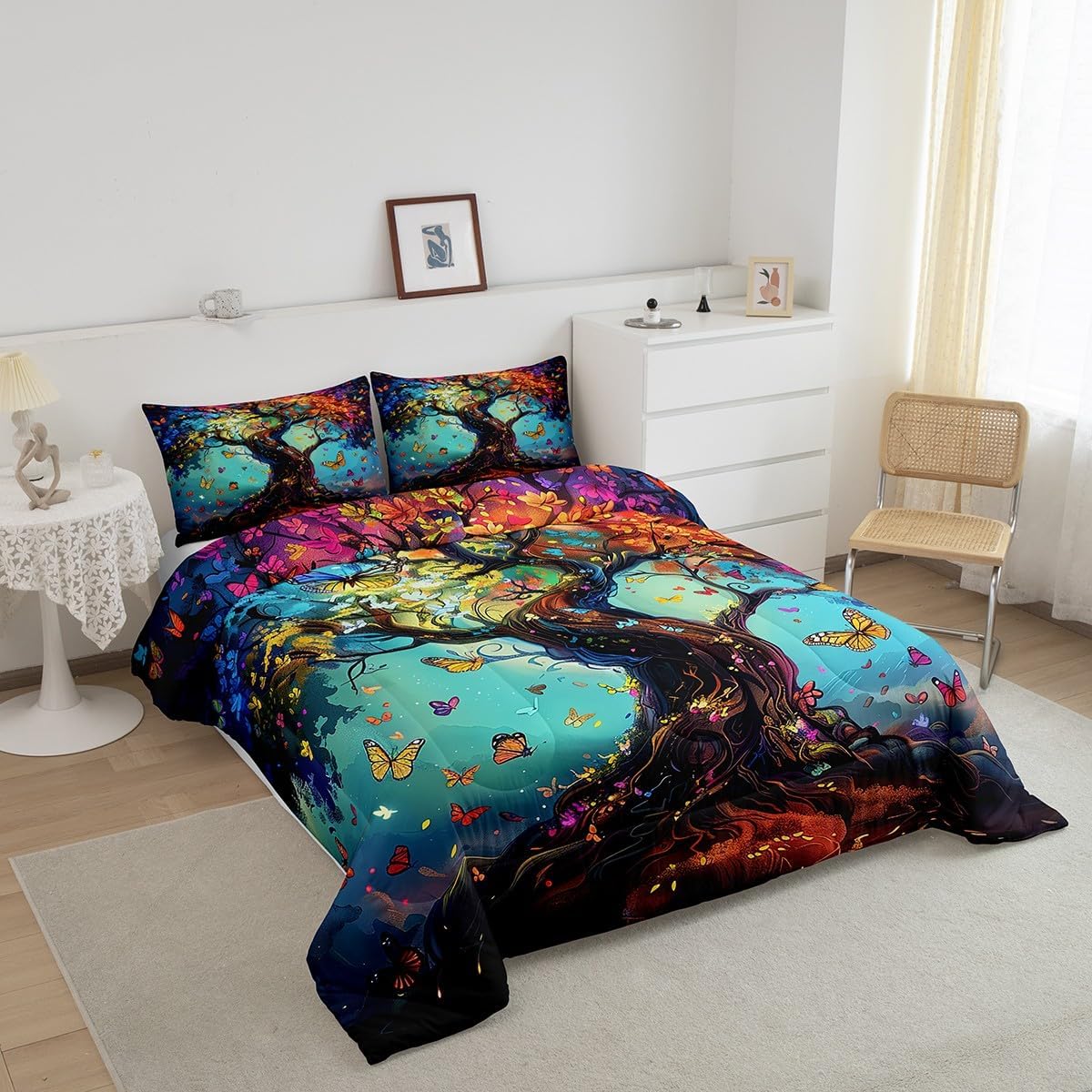 Tree of Life Kids Bedding Comforter Set Toddler Size,Colorful Tree Butterfly Bedding Sets All Season,Boho Botanical Plants Bedroom Quilt Set,Rustic Farmhouse Style Duvet Insert,1 Pillowcase