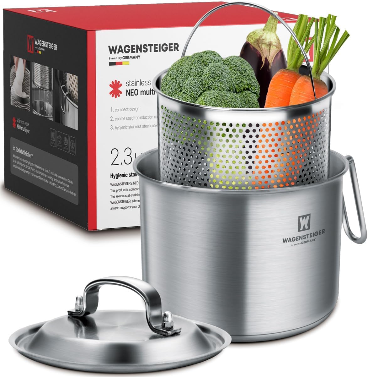 WAGENSTEIGER Stainless Steel Vegetable Egg Steamer Pot Saucepan Pasta Stovetop Cooker with Perforated Basket, Small Sized for Single or Double Servings (2.3Liter / 2.43Quarts)