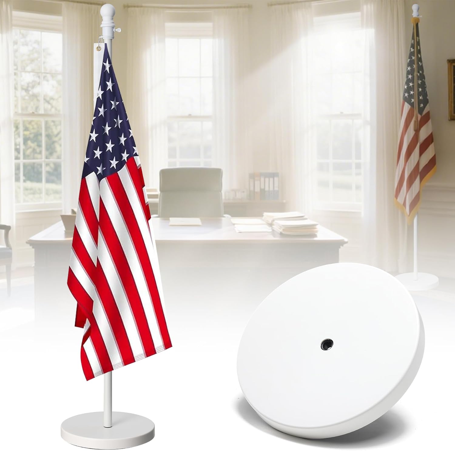 American Flag with Pole and Stand - Heavy Duty 1" Free Standing Indoor Flagpole Set with 3x5ft Embroidered US Flags,Weighted Base, 6-8 FT Adjustable Portable For Office, Church,School (Black)