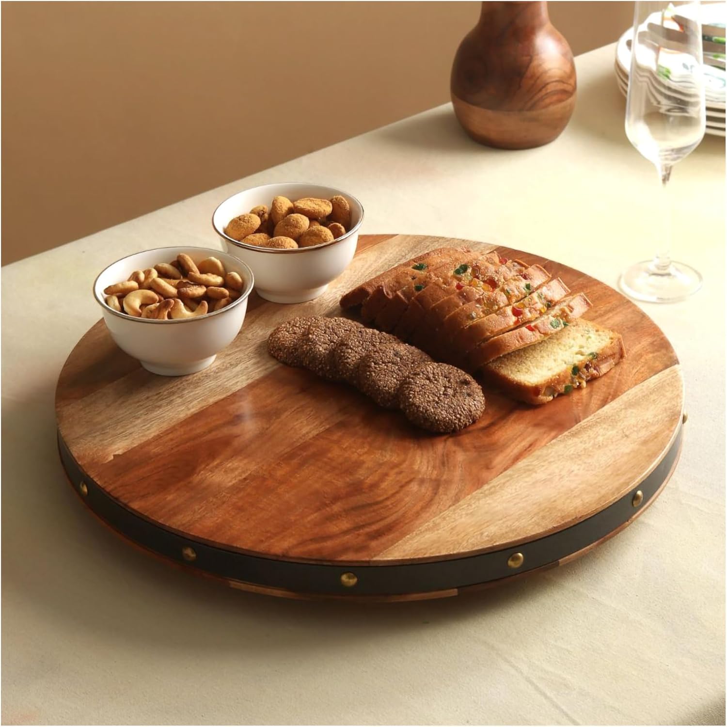 India Handicrafts Eco Excellence Acacia Wood with Faux Leather and Brass Nail Head Accent X-Large 20 inch Round Lazy Susan, Cake Stand, Rotating Serving Platter Organizer Tray For Table or Counter Top