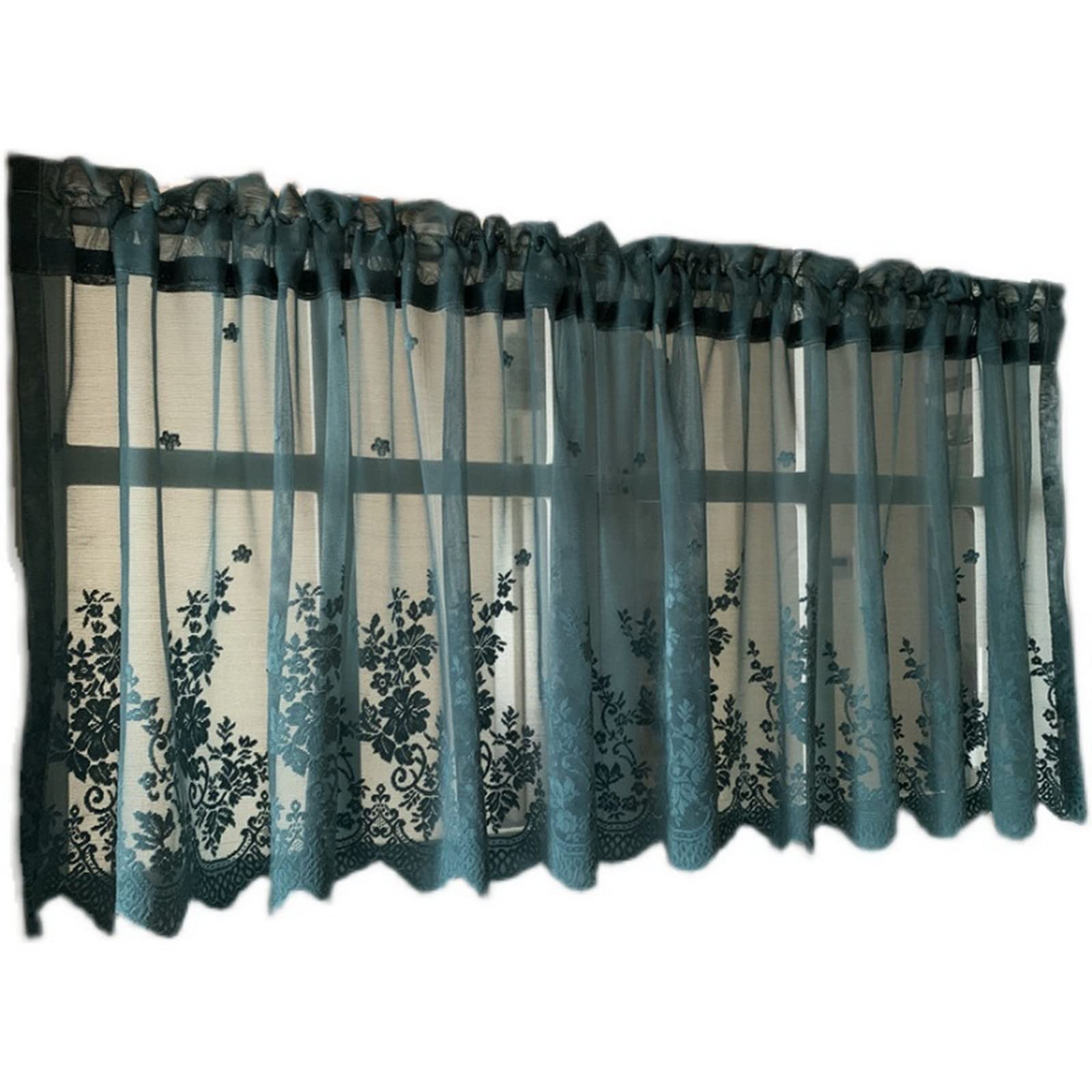 A.Monamour Corta Voile Trasparente Verde Scuro Con Ricamo Floreale - Tenda per Finestra Piccola, Cucina, Bistrot, Caffè - Mezza Mantovana a Pannello per Porta