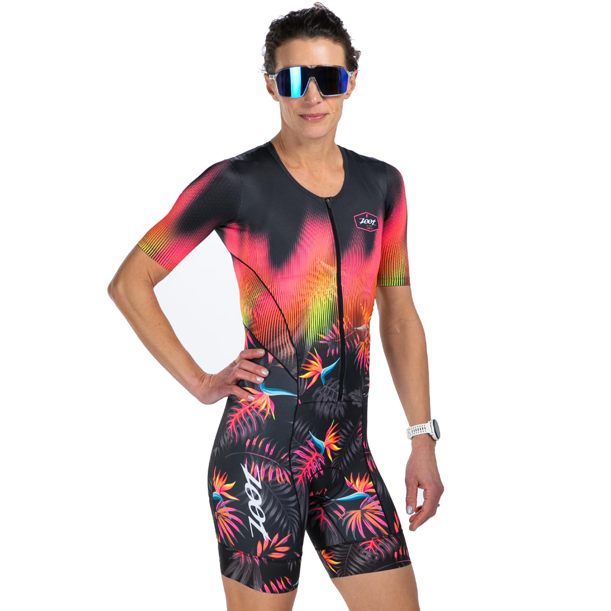 Zoot Women’s LTD Tri Aero Fz Racesuit, Short Sleeve Aerodynamic Cycle Race Swim Bike Run Tri Suit with Pockets UPF 50+ Fabric - Tropical Magic - X-Small