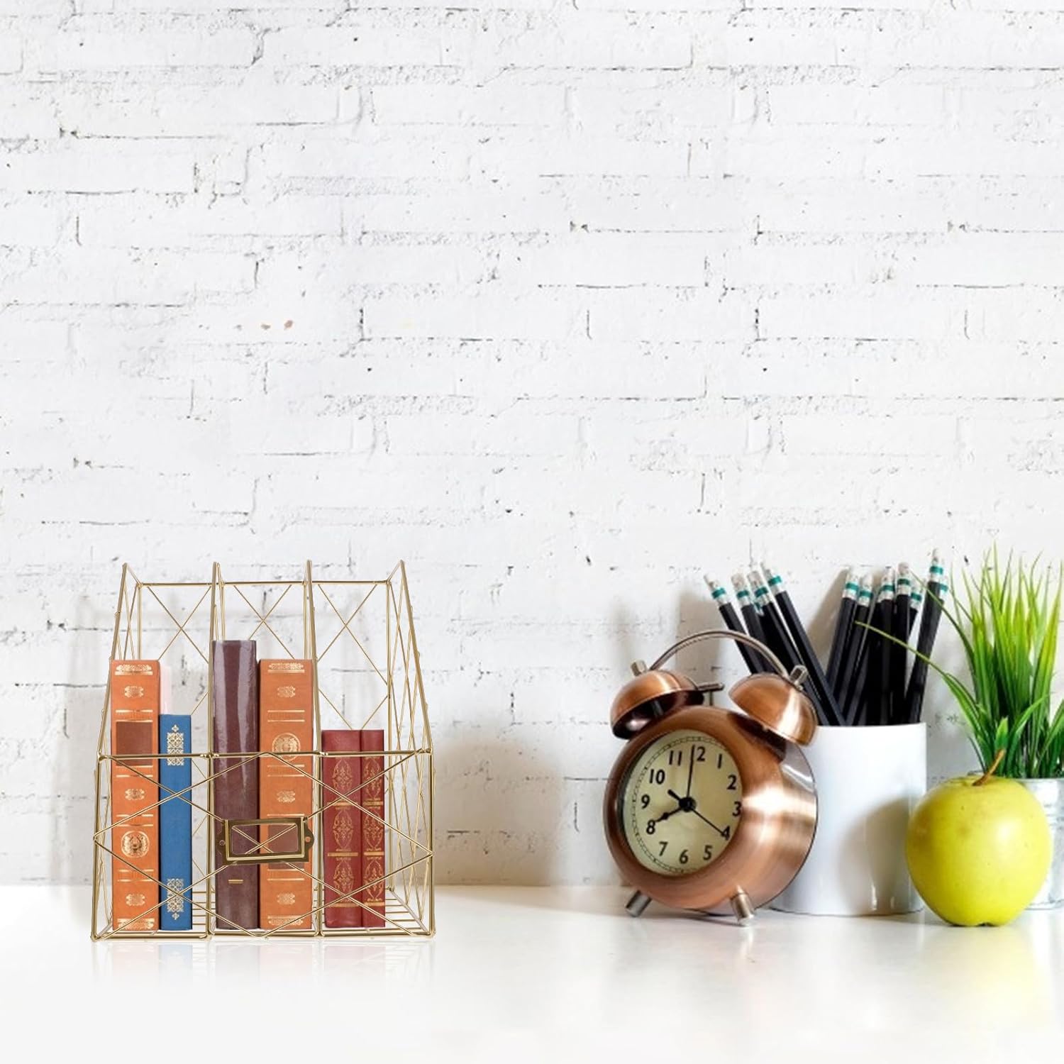 Three-Tiered Iron Desktop Storage Rack, Vertical Document Organizer for Office and Home, Gold File Holder Shelf for Office Supplies and Workspace Organization