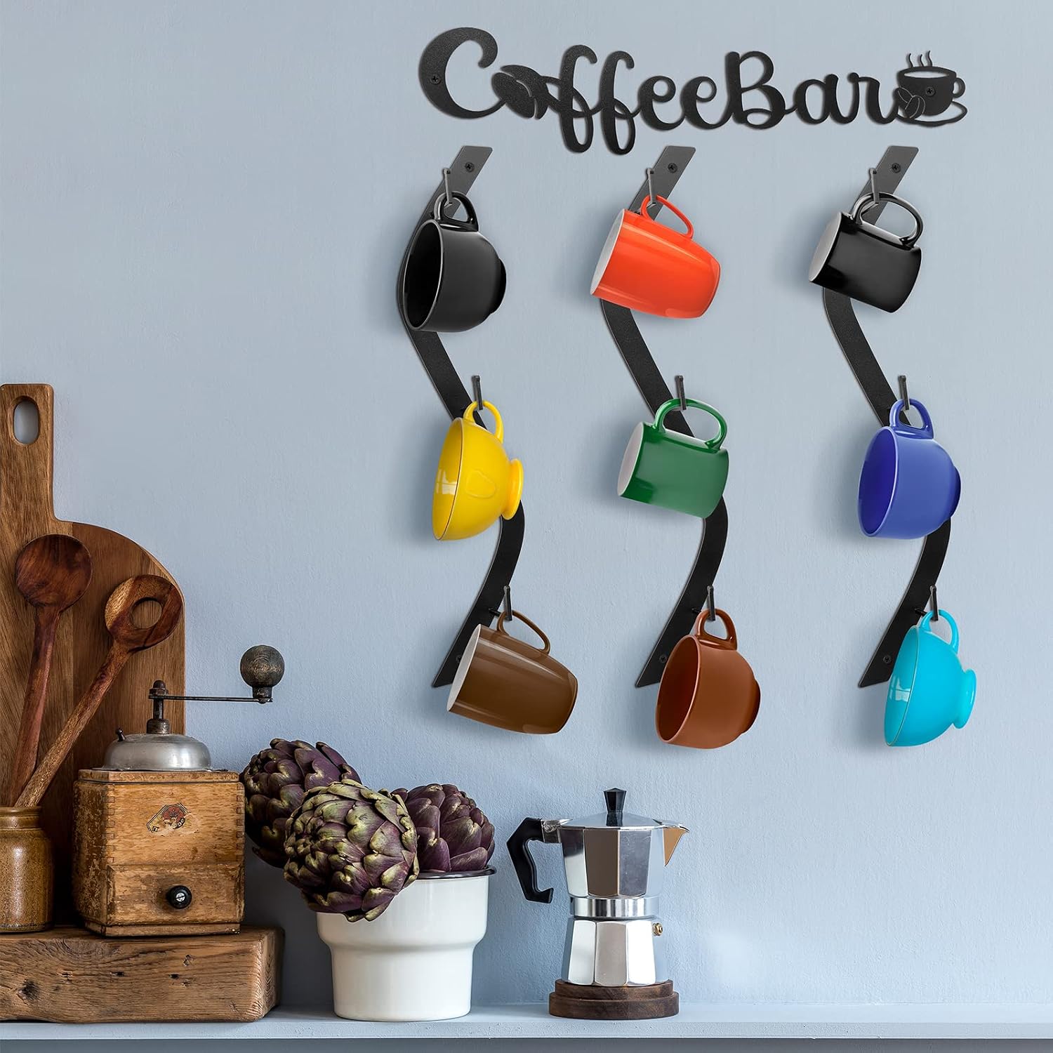 Peryiter Wall Mounted Coffee Mug Holder Coffee Cup Wall Rack with 9 Hooks