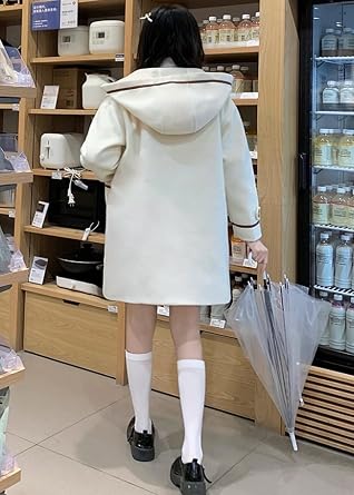 Teens Wool Jacket Coats Japanese Style Cute Horn Buttons Hooded Duffle Coat Solid Color Winter Warm Pea Coat