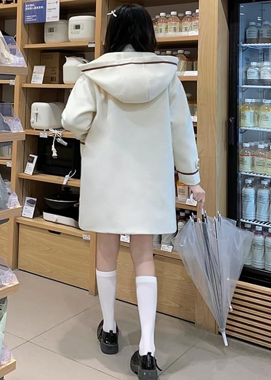 Teens Wool Jacket Coats Japanese Style Cute Horn Buttons Hooded Duffle Coat Solid Color Winter Warm Pea Coat