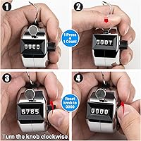 Vista 4 de Contador de 4 Dígitos, Clicker de Mano, Contadores de Metal con Clicker para Pitch, para Contar, Tejer, Entrenar, Golf, Vueltas, Pesca